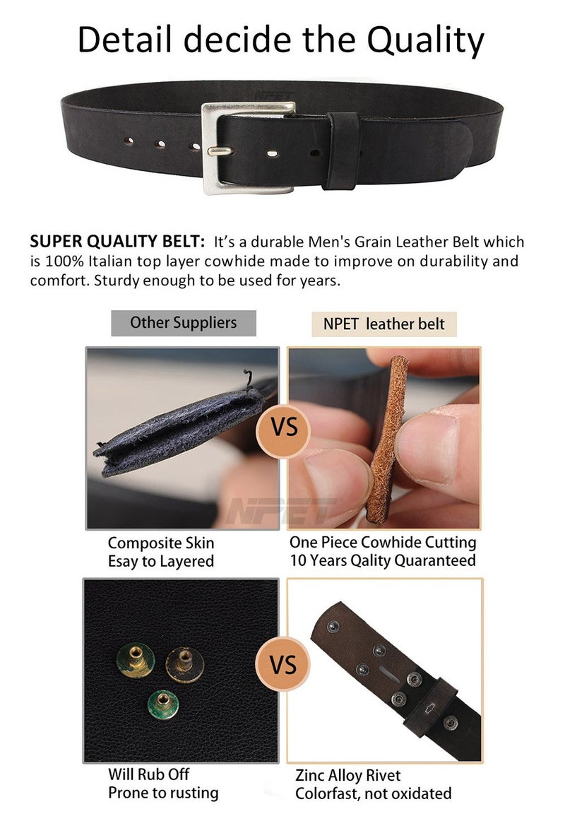 NPET Mens Leather Belt Full Grain Vintage Distressed Style Snap on Strap 1 1/2" Wide (For 36"-38" waist, Black) - Image 5